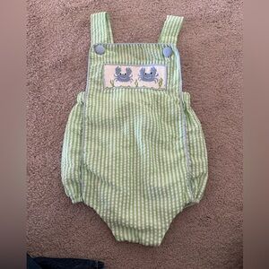Green Striped Baby Overalls with Blue Crab Embroidery